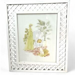 VINTAGE Lattice Lithograph Gloria Eriksen 1970s Whippet Dog Garden 16X20 Frame